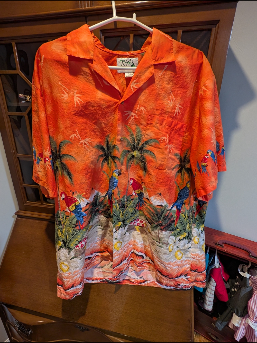 KY'S From Hawaii Vibrant Orange Tropical Parrot Hawaiian Shirt 2XL